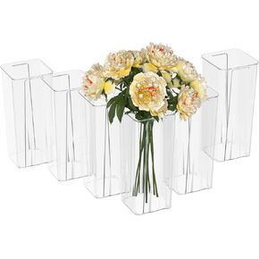 Acrylic Tall Square Flower Vases, Clear Plastic Table Vases for Centerpieces, 6 Packs