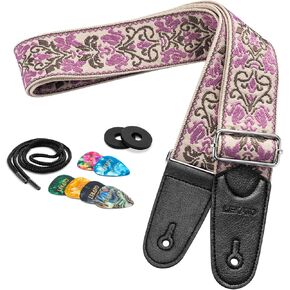 LEKATO Guitar Strap for Electric Bass Acoustic Guitar, Floral Jacquard Embroidery 2″ Wide Guitar Straps Bass Strap Padded Guitar Straps with Picks & Blocks (Purple Flower White)