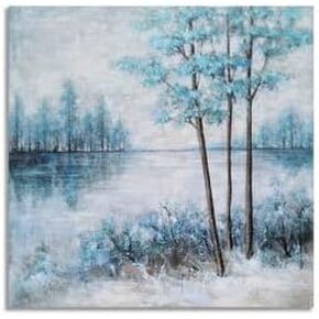 RFDEPOT Abstract Lake Landscape Canvas Wall Decor Teal Forest Canvas Wall Art with Heavy Texture Hand Painted Embellishement Abstract Landscape Painting Framed for Bathroom Living Room Bedroom Home Office Wall Decor