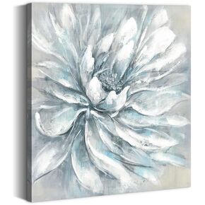 summer melody Abstract Flower Canvas Wall Art: Elegant White Modern Floral Painting Contemporary Blue Silver Peony Picture Gray Nature Botanical Prints Gallery Artwork for Bedroom