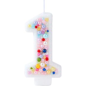 1 Birthday Candle with Colorful Pearl Sequin, Rainbow Number 1 Candles for Girl Sweet Macaron Theme 1 Years Old Birthday Party Cake Decoration