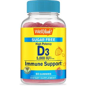Sugar Free Vitamin D3 5,000 IU (125mcg) Extra Strength Gummies - Immune Booster, Bone and Teeth Support - Non GMO, Gluten Free, Nut Free, Vegetarian - Natural Sourced Flavors - 60 Gummies (1)