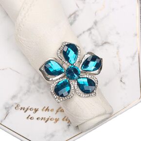 Crystal Napkin Rings Set of 6 - Elegant Silver Diamond Flower Napkin Ring Holders for Wedding Party Banquet Bridal Shower, a Beautiful Dinner Table Decoration (Blue)