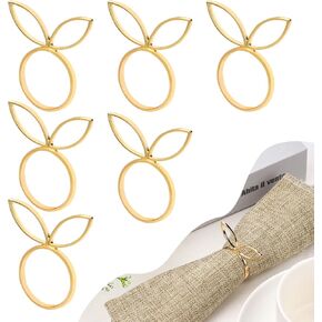 6pcs Easter Bunny Napkin Rings, Golden Rabbit Ear Napkin Rings Holder Metal Round Serviette Rings Cute Easter Napkin Buckle Dining Table Decoration for Easter Dinner Weddings Party