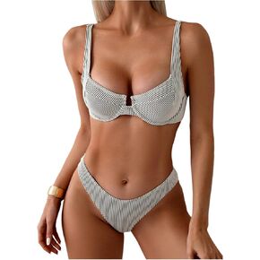 SweatyRocks Women's 2 Piece Bikini Set Striped Print Spaghetti Strap Push Up Swimsuit
