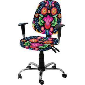 Colorful Floral Mexican Pattern Office Chair Cover Stretchable Computer Chair Seat Cover Backrest Slipcovers, Mexico Ethnic Black Abstract Art Stretchable Rotating Desk Chair Seat Cushion Protectors