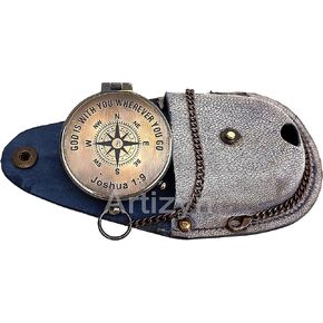 GOD is with You Wherever You GO Joshua 1:9 Engraved Compass with ‎Leather Case, Brass Camping Compass, Gift Compass, Graduation Day Gift for Son, Father, Love, Sister, Husband, Wife, Fiancé, Fiancée. in Kuwait