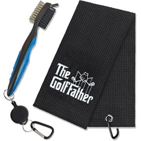 The Golffather Embroidered Golf Towels with Clip and Golf Brush with Retractable Extension Cord, Funny Golf Towel Gifts and Golf Accessories Set for Men Dad Grandpa Golfers Golf Fan Golf Lover