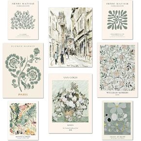 MEGIESTO 8 Pcs Sage Green Wall Art Prints, Unframed Abstract Matisse Wall Art Exhibition Posters, Sage Green Wall Decor Aesthetic, Vintage Art Boho Art Prints, Retro Room Decor for Aesthetic Bedroom