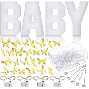 Baby Charcuterie Cardboard Letters 10.2'' Fillable Baby Shower Empty Gift Decor Box Set with 24 Pcs Gold 3D Butterfly Wall Decor, 4 Pcs LED Light, 1 Box Diamond Pins for Baby Shower Decor in Kuwait