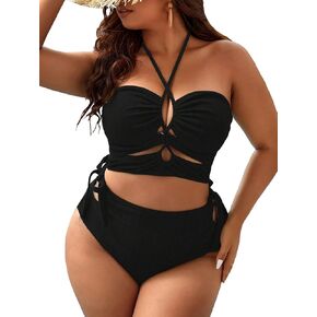 SOLY HUX Women's Plus Size 2 Piece Swimsuit High Waisted Drawstring Halter Bikini Sets Bathing Suits