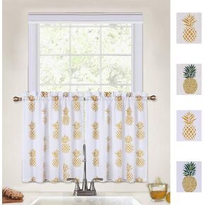 CAROMIO Kitchen Curtains 24 Inch Length, Pineapple Print Tier Curtains for Bathroom Kitchen Cafe Curtains Small Half Window Curtains, Yellow