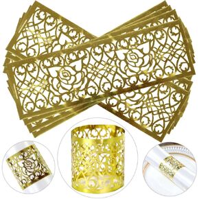 Gold Disposable Rose Flower Leaf Paper Napkin Rings，Laser Cut Foil Paper Napkin Holder for Wedding Party Dinner Table Decor,Special Events and Christmas (60 Pcs)