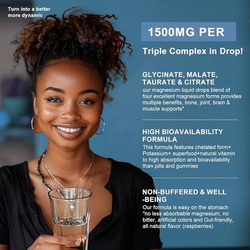 Magnesium Glycinate Liquid Drop - Triple Absorption Supplement to Support Nerves, Night, Heart, Muscles Metabolism* -Sugar-Free with Potassium, L-Theanine, Sea Moss Vitamin B,C,D3, K2-2 Fl oz in Kuwait