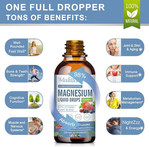 Magnesium Glycinate Liquid Drop - Triple Absorption Supplement to Support Nerves, Night, Heart, Muscles Metabolism* -Sugar-Free with Potassium, L-Theanine, Sea Moss Vitamin B,C,D3, K2-2 Fl oz in Kuwait