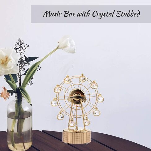 صندوق الموسيقى المطلي بالذهب عيار 24 قيراط من ماتاشي مع تمثال على شكل عجلة فيريس مرصعة بالكريستال - هدية لعيد الحب | هدية فريدة للنساء بمناسبة الانتقال لمنزل جديد | # 1 هدية لها in Kuwait