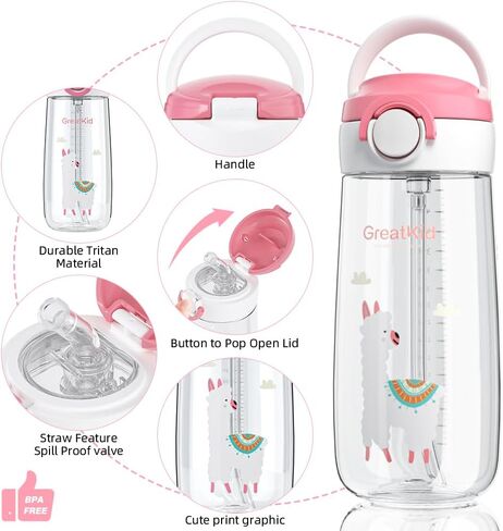 Bunnytoo Water Bottle for Active Children Over 2 Years with Soft Straw, Convenient Handle, and Spill-Proof Design 16oz (Alpaca,Pink) in Saudi Arabia