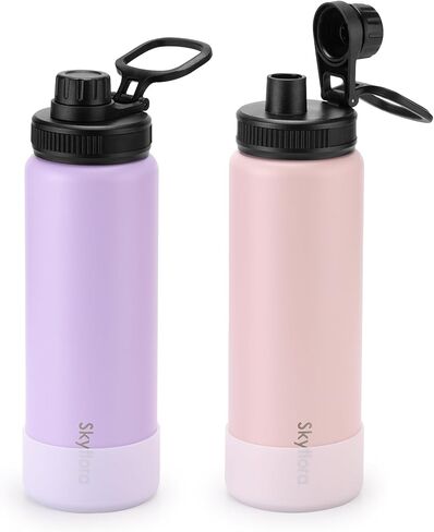 32oz Water Bottles Bulk 2 Pack, Single Wall Stainless Steel Water Bottle with Handle & Spout Lid & Protective Silicone Boot, Dishwasher Safe, Gift for Women Girls Sports Travel Gym, Pink & Purple in Saudi Arabia