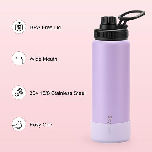 32oz Water Bottles Bulk 2 Pack, Single Wall Stainless Steel Water Bottle with Handle & Spout Lid & Protective Silicone Boot, Dishwasher Safe, Gift for Women Girls Sports Travel Gym, Pink & Purple in Saudi Arabia