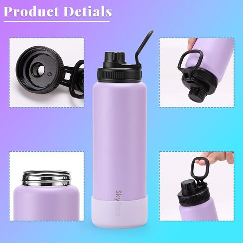 32oz Water Bottles Bulk 2 Pack, Single Wall Stainless Steel Water Bottle with Handle & Spout Lid & Protective Silicone Boot, Dishwasher Safe, Gift for Women Girls Sports Travel Gym, Pink & Purple in Saudi Arabia