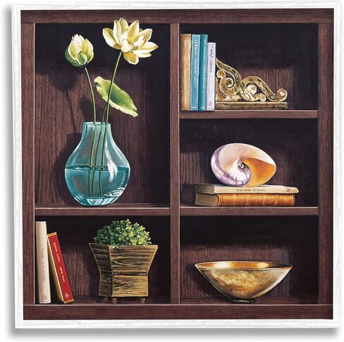 Stupell Industries رف كتب أنيق لا يزال على قيد الحياة مع مزهرية زهور اللوتس من القماش، مقاس 17 × 17، بني in Saudi Arabia