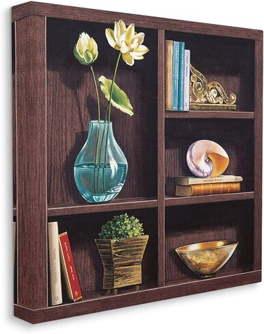 Stupell Industries رف كتب أنيق لا يزال على قيد الحياة مع مزهرية زهور اللوتس من القماش، مقاس 17 × 17، بني in Saudi Arabia