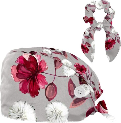 Adjustable Surgical Caps Nurse, Working Cap with Bow Hair Rings for Women, Camera Parrot Flamingo Bouffant Scrub Hat in Saudi Arabia