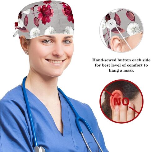 Adjustable Surgical Caps Nurse, Working Cap with Bow Hair Rings for Women, Camera Parrot Flamingo Bouffant Scrub Hat in Saudi Arabia