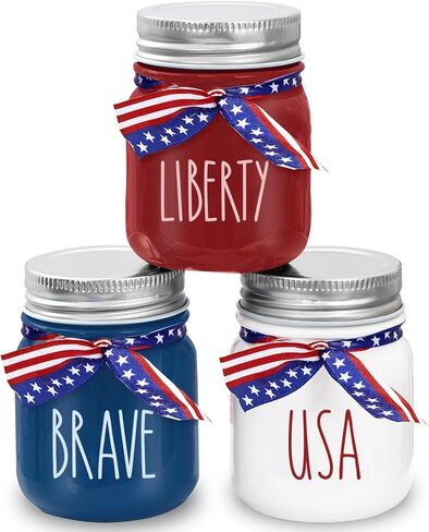 3 قطع من جرة ميسون الوطنية الصغيرة مع شريط USA BRAVE LIBERTY برطمانات زجاجية باللون الأحمر والأزرق والأبيض في الرابع من يوليو برطمانات تخزين صغيرة مع أغطية لرف يوم الاستقلال وطاولة عرض المطبخ ديكور in Saudi Arabia