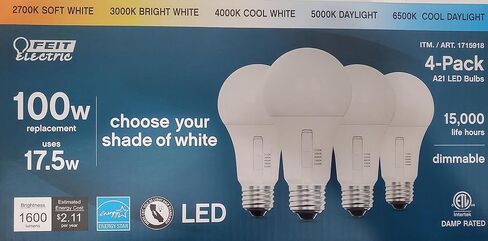 لمبة LED كهربائية بيضاء بقدرة 17.5 وات من Feit بقوة 1600 لومن، عدد 1 (عبوة من 4 قطع) in Saudi Arabia