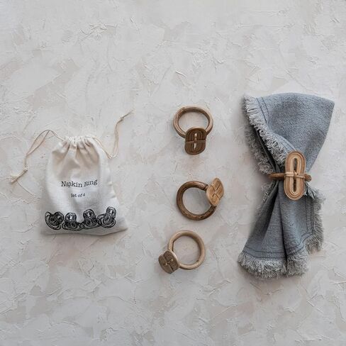 Creative Co-Op Boho Woven Bamboo Linen Drawstring Bag, Set of 4 Napkin Ring, Natural in Saudi Arabia