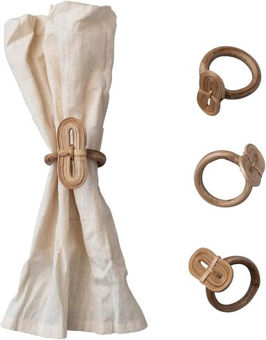 Creative Co-Op Boho Woven Bamboo Linen Drawstring Bag, Set of 4 Napkin Ring, Natural in Saudi Arabia