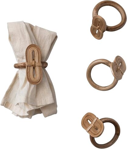 Creative Co-Op Boho Woven Bamboo Linen Drawstring Bag, Set of 4 Napkin Ring, Natural in Saudi Arabia
