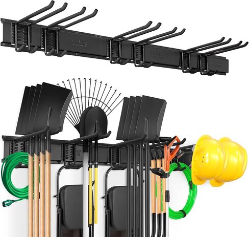 VEVOR Garage Tool Organizer, 800 lbs Max Load Capacity, Wall Mount Yard Garden Storage Rack Organization Heavy Duty with 6 Adjustable Hooks and 3 Rails, for Garden Tools, Shovels, Trimmers, and Hoses in Saudi Arabia
