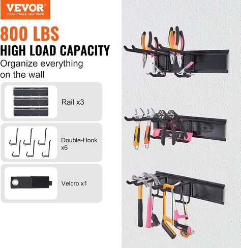 VEVOR Garage Tool Organizer, 800 lbs Max Load Capacity, Wall Mount Yard Garden Storage Rack Organization Heavy Duty with 6 Adjustable Hooks and 3 Rails, for Garden Tools, Shovels, Trimmers, and Hoses in Saudi Arabia