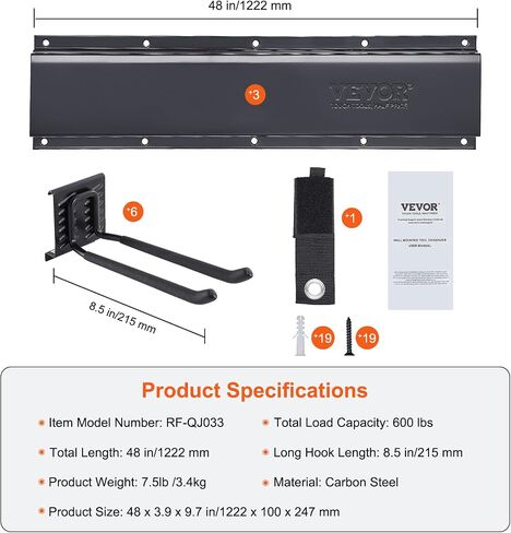 VEVOR Garage Tool Organizer, 800 lbs Max Load Capacity, Wall Mount Yard Garden Storage Rack Organization Heavy Duty with 6 Adjustable Hooks and 3 Rails, for Garden Tools, Shovels, Trimmers, and Hoses in Saudi Arabia