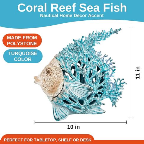 Ocean Decor Coral Reef Angelfish Sculpture Beach Home Decor Coastal Tabletop Collection 12 in x 11 in (Turquoise) in Saudi Arabia