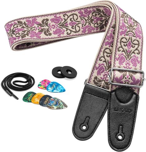 LEKATO Guitar Strap for Electric Bass Acoustic Guitar, Floral Jacquard Embroidery 2″ Wide Guitar Straps Bass Strap Padded Guitar Straps with Picks & Blocks (Purple Flower White) in Saudi Arabia