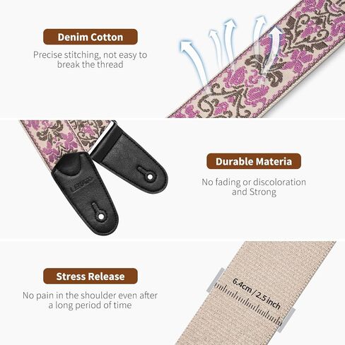 LEKATO Guitar Strap for Electric Bass Acoustic Guitar, Floral Jacquard Embroidery 2″ Wide Guitar Straps Bass Strap Padded Guitar Straps with Picks & Blocks (Purple Flower White) in Saudi Arabia
