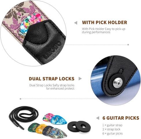 LEKATO Guitar Strap for Electric Bass Acoustic Guitar, Floral Jacquard Embroidery 2″ Wide Guitar Straps Bass Strap Padded Guitar Straps with Picks & Blocks (Purple Flower White) in Saudi Arabia