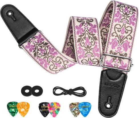 LEKATO Guitar Strap for Electric Bass Acoustic Guitar, Floral Jacquard Embroidery 2″ Wide Guitar Straps Bass Strap Padded Guitar Straps with Picks & Blocks (Purple Flower White) in Saudi Arabia