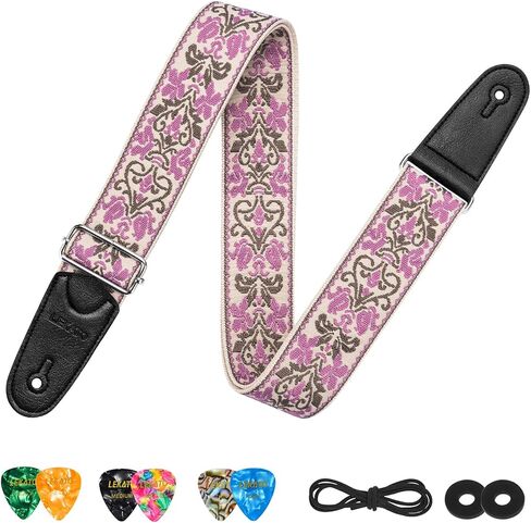 LEKATO Guitar Strap for Electric Bass Acoustic Guitar, Floral Jacquard Embroidery 2″ Wide Guitar Straps Bass Strap Padded Guitar Straps with Picks & Blocks (Purple Flower White) in Saudi Arabia