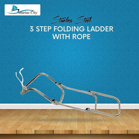 MARINE CITY 304 Grade Stainless Steel 3-Step Folding Ladder with Rope for Marines – Boats – Yachts – Accessory Hardware (Pack of 1) in Saudi Arabia