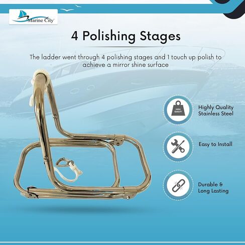 MARINE CITY 304 Grade Stainless Steel 3-Step Folding Ladder with Rope for Marines – Boats – Yachts – Accessory Hardware (Pack of 1) in Saudi Arabia