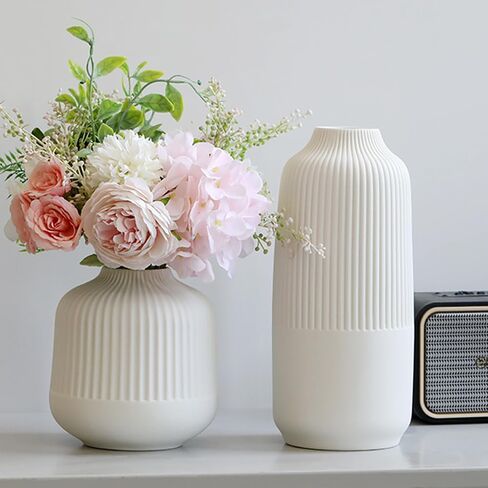 Ceramic Flower Vase Set 2 Large Matte White Vase for Home Decor Ribbed Vases for Room Office Shelf Decor, Simple Yet Gorgeous Classic Nordic Style Vases for Fresh Dried Flowers Pampas Grass, 10 inch in Saudi Arabia