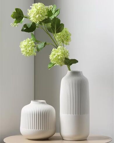 Ceramic Flower Vase Set 2 Large Matte White Vase for Home Decor Ribbed Vases for Room Office Shelf Decor, Simple Yet Gorgeous Classic Nordic Style Vases for Fresh Dried Flowers Pampas Grass, 10 inch in Saudi Arabia