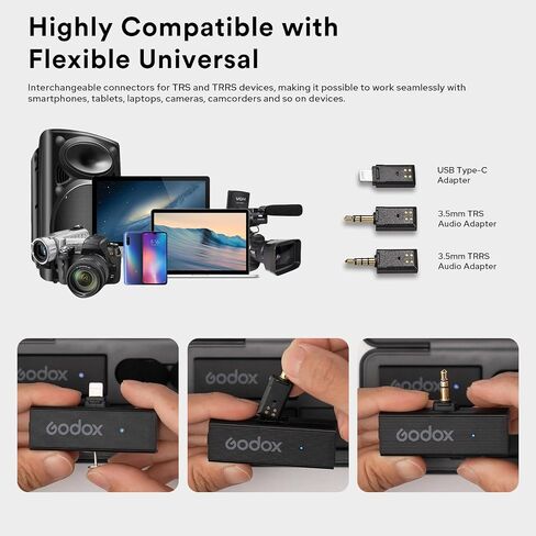 Godox MoveLink Mini LT Kit2 ميكروفون لاسلكي للآيفون، نطاق 100 متر (328 قدمًا)، إلغاء الضوضاء 2.4G ميكروفون لاسلكي Lavalier مع علبة شحن لميكروفون iPhone لتسجيل الفيديو، تسجيل الفيديو، TikTok in Saudi Arabia