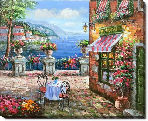 La Pastiche Cafe Italy with Black Crackle King Framed Oil Painting, 32 in x 28 in, Multicolor in Saudi Arabia