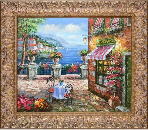 La Pastiche Cafe Italy with Black Crackle King Framed Oil Painting, 32 in x 28 in, Multicolor in Saudi Arabia