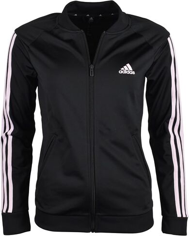سترة رياضية للسيدات من adidas Essentials Tricot 3-Stripe بسحاب كامل - أسود/وردي - XL in Saudi Arabia